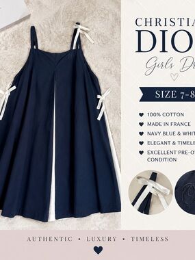 Dior Navy Blue and White A-Line Girls' Dress with Ribbon Ties